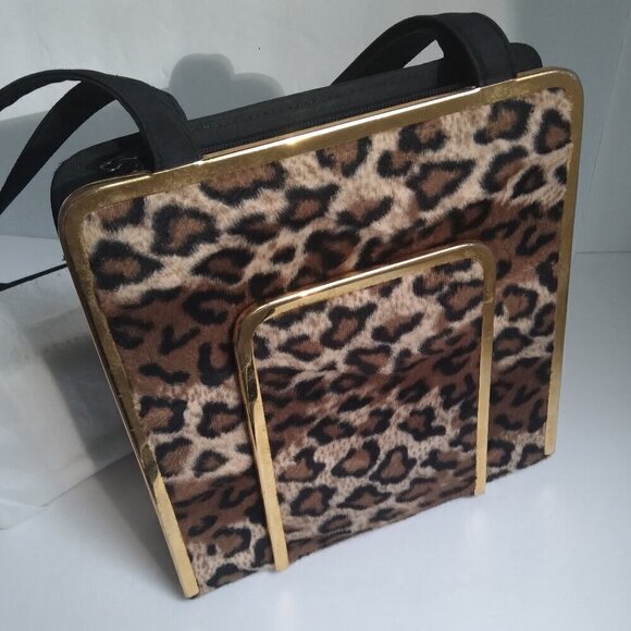 Vintage Faux Leopard Gold Rim Sateen Envelope Shoulder Bag * Roomy Evening Bag * - Picture 1 of 12